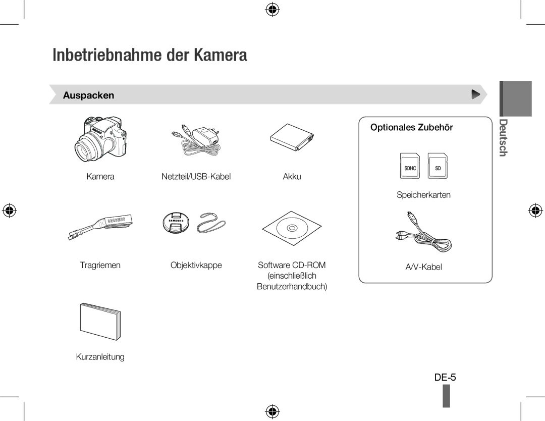 Samsung EC-WB5000BPBFR, EC-WB5000BABFR, EC-WB5000BPBE1 manual Inbetriebnahme der Kamera, Auspacken, Optionales Zubehör 