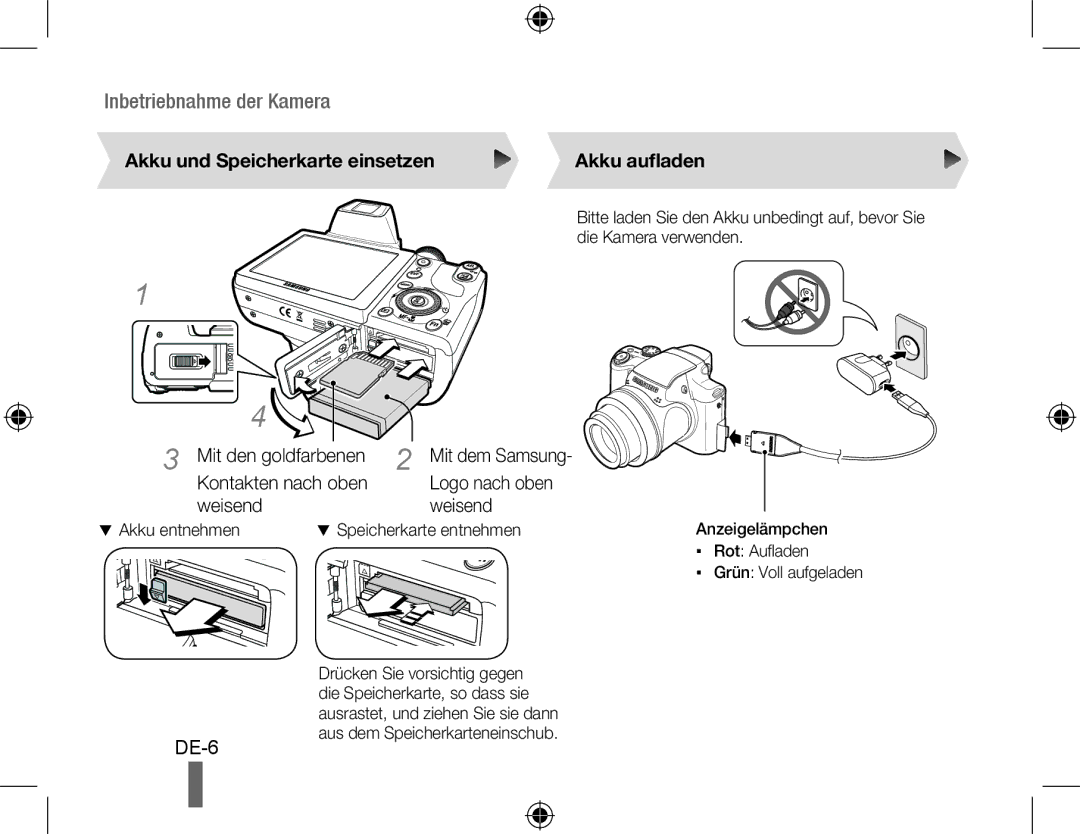 Samsung EC-WB5000BPBE1 Akku und Speicherkarte einsetzen Akku aufladen, Weisend, Mit dem Samsung Logo nach oben weisend 