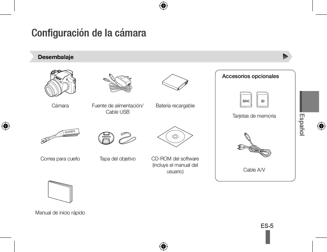 Samsung EC-WB5000BABFR, EC-WB5000BPBFR, EC-WB5000BPBE1 manual Configuración de la cámara, Desembalaje, Accesorios opcionales 