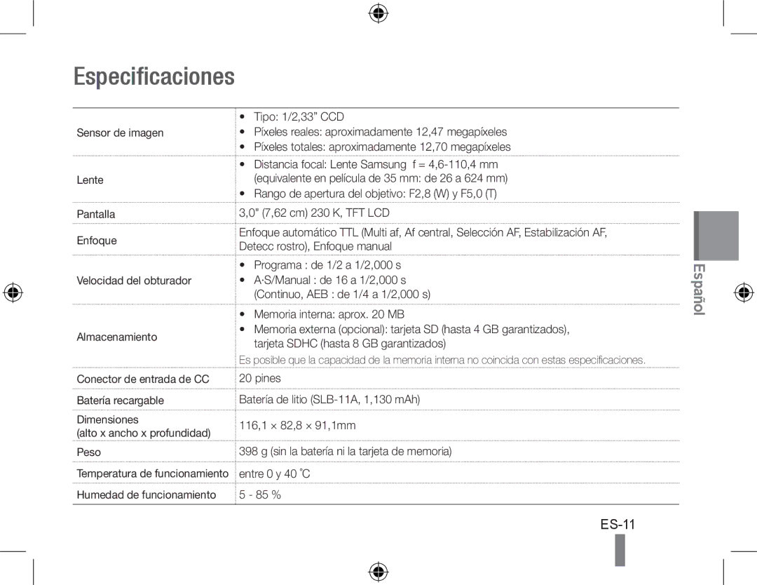 Samsung EC-WB5000BPBRU, EC-WB5000BABFR, EC-WB5000BPBFR, EC-WB5000BPBE1, EC-WB5000BPBIT, EC-WB5000BPBVN manual Especificaciones 