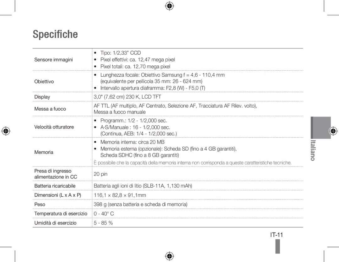 Samsung EC-WB5000BPBE1, EC-WB5000BABFR, EC-WB5000BPBFR manual Specifiche, Batteria ricaricabile Dimensioni L x a x P Peso 