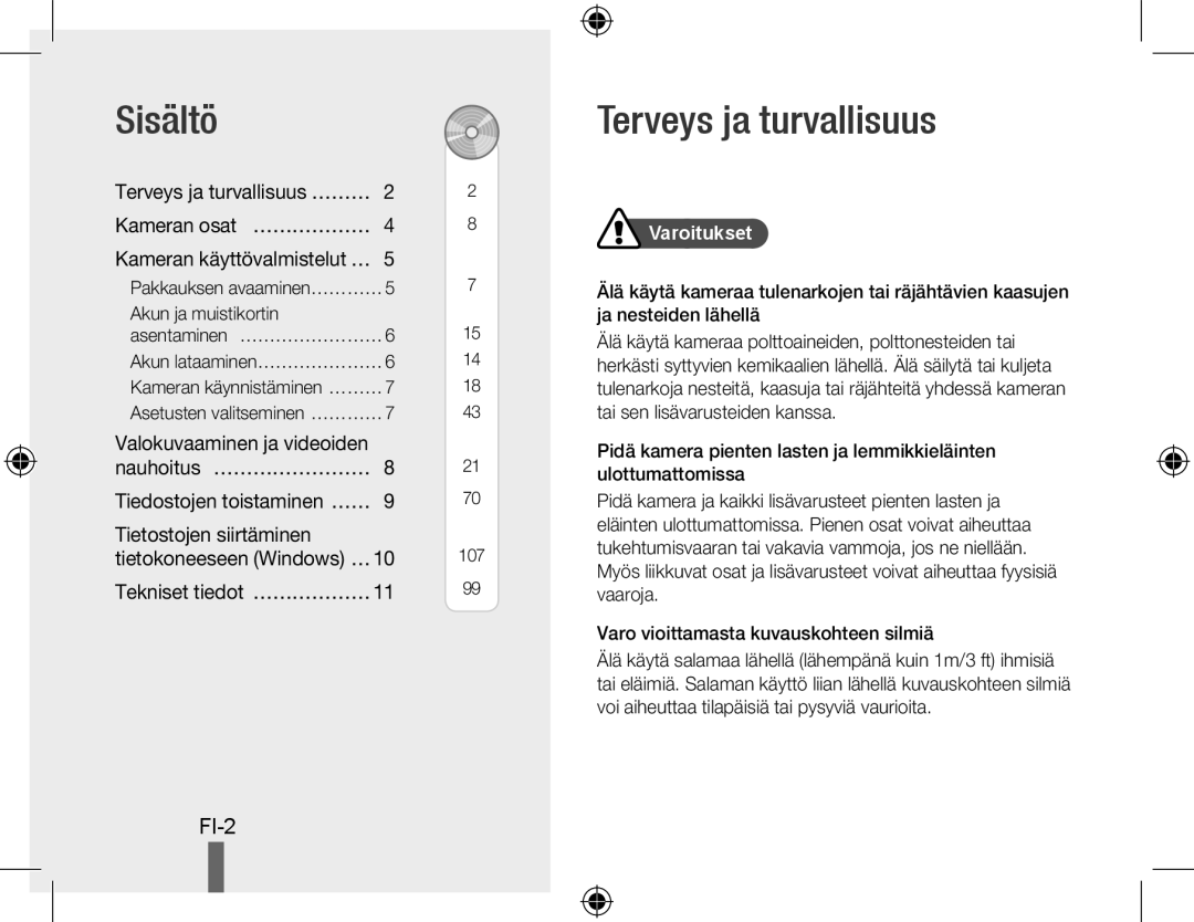 Samsung EC-WB5000BPBE2 manual Sisältö, Terveys ja turvallisuus, Fi-, Valokuvaaminen ja videoiden, Tietostojen siirtäminen 