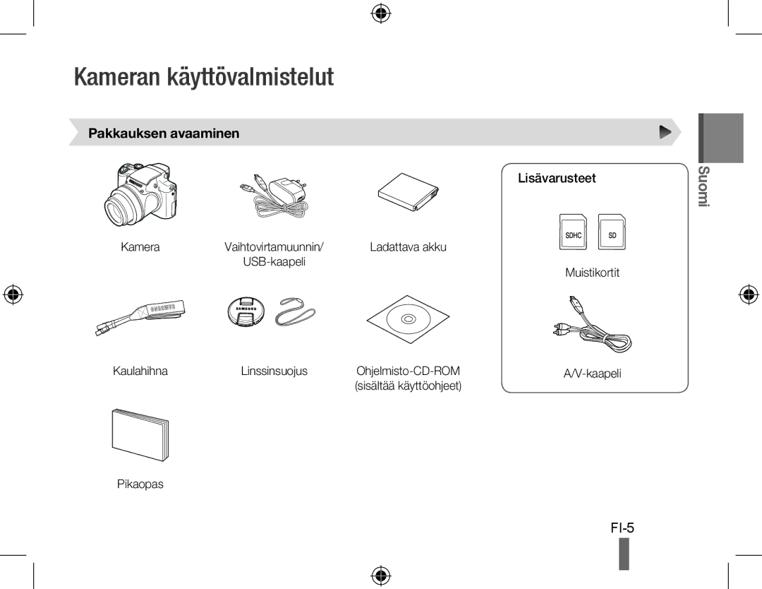 Samsung EC-WB5000BPBFR, EC-WB5000BABFR, EC-WB5000BPBE1 manual Kameran käyttövalmistelut, Pakkauksen avaaminen, Lisävarusteet 