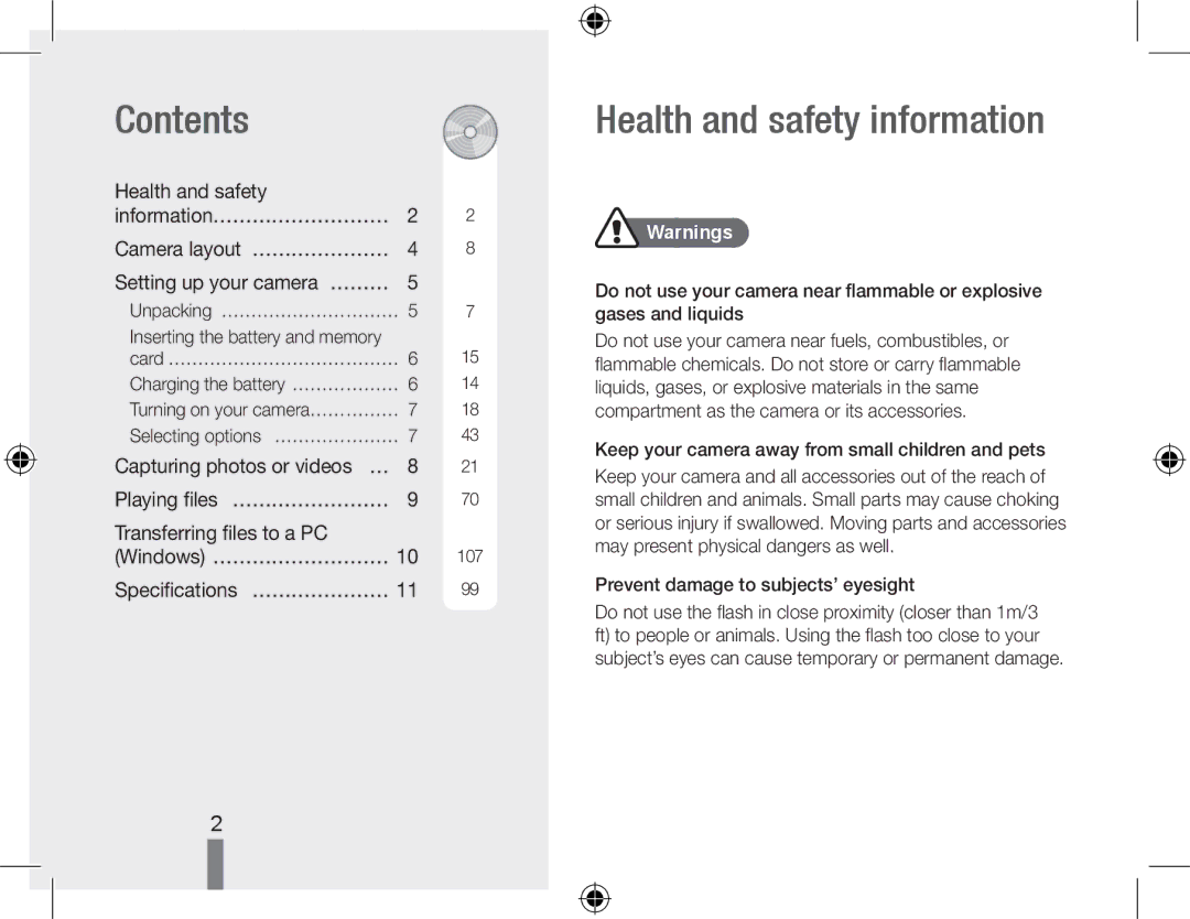 Samsung EC-WB5000BPBE1, EC-WB5000BABFR, EC-WB5000BPBFR, EC-WB5000BPBIT manual Contents, Health and safety information 