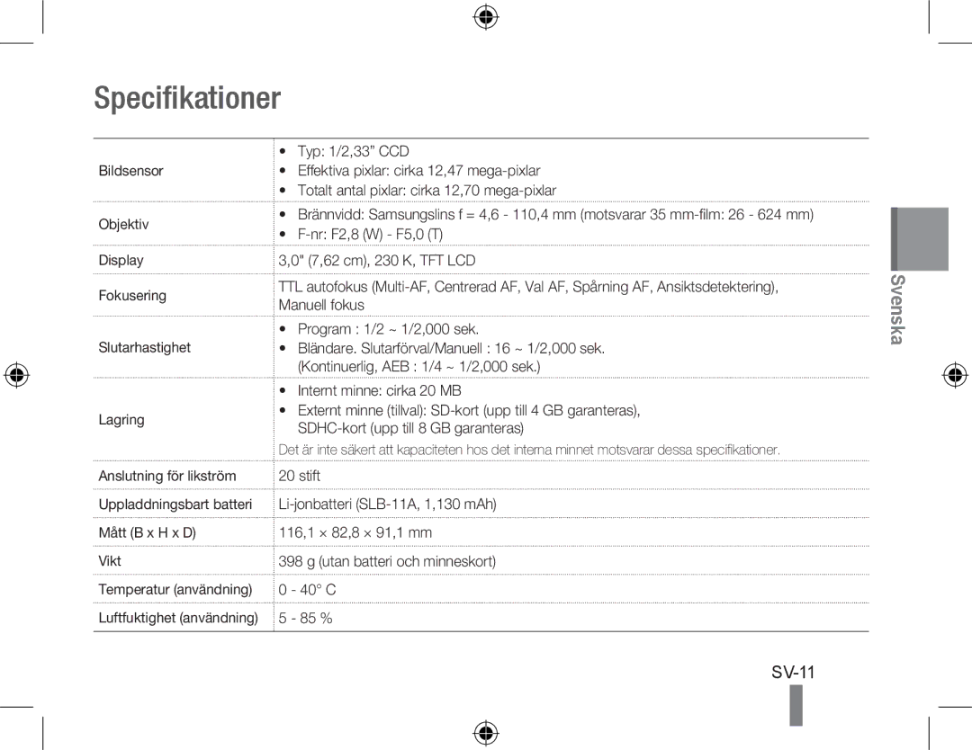 Samsung EC-WB5000BPBIT, EC-WB5000BABFR, EC-WB5000BPBFR, EC-WB5000BPBE1, EC-WB5000BPBVN manual Specifikationer, SV-11, Vikt 