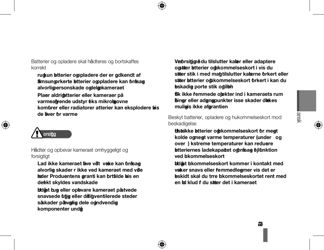 Samsung EC-WB5000BPBE2, EC-WB5000BABFR manual Batterier og opladere skal håndteres og bortskaffes korrekt, Forsigtig 