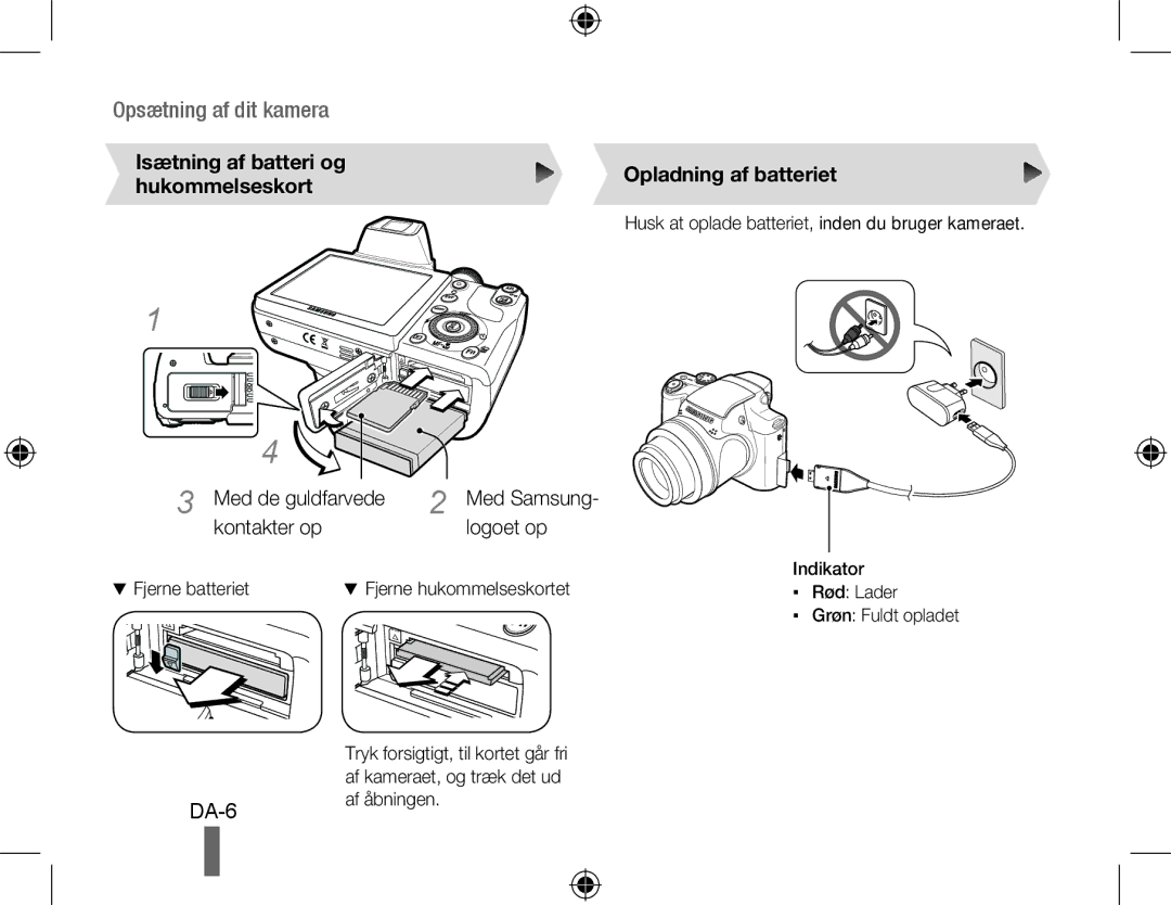 Samsung EC-WB5000BPBFR manual Isætning af batteri og hukommelseskort, Med de guldfarvede Med Samsung Kontakter op Logoet op 