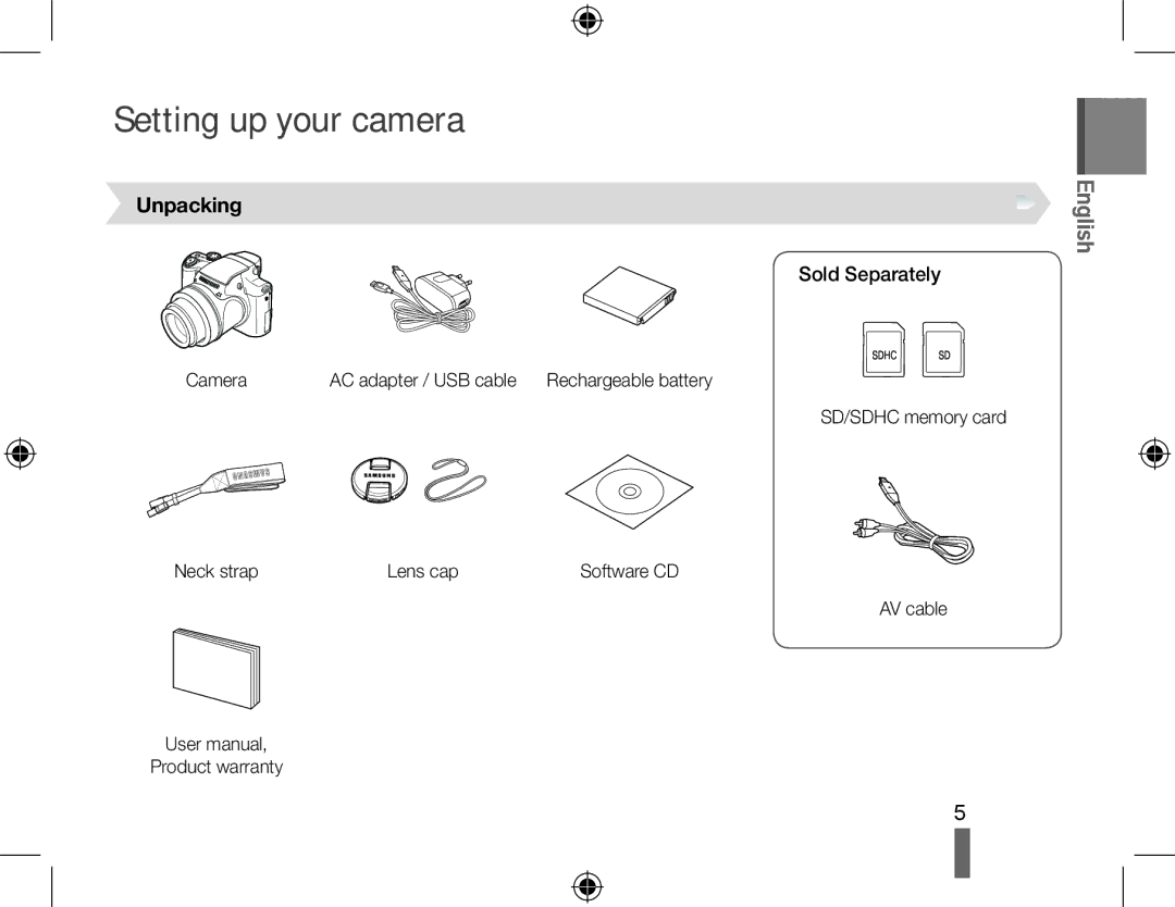 Samsung EC-WB5000BPBE2, EC-WB5000BABFR, EC-WB5000BPBFR, EC-WB5000BPBE1 Setting up your camera, Unpacking, Sold Separately 