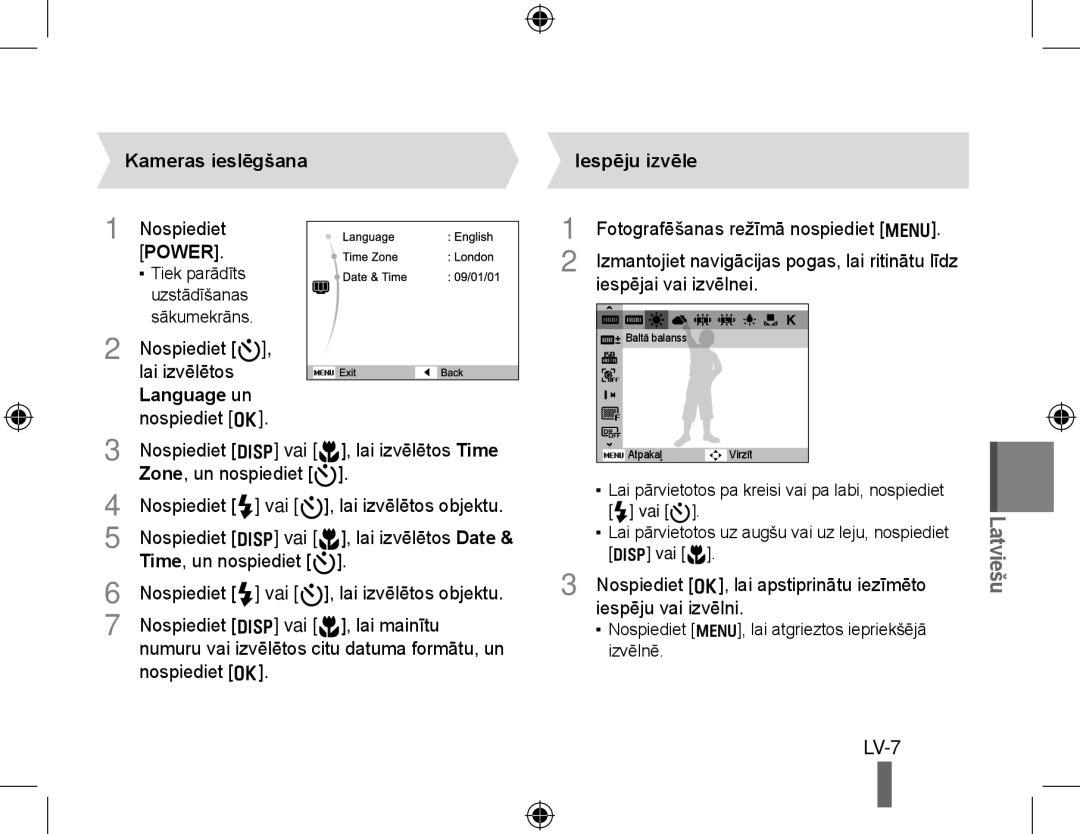 Samsung EC-WB5000BPBFR, EC-WB5000BABFR, EC-WB5000BPBE1, EC-WB5000BPBIT LV-7, Kameras ieslēgšana, Language un, Iespēju izvēle 