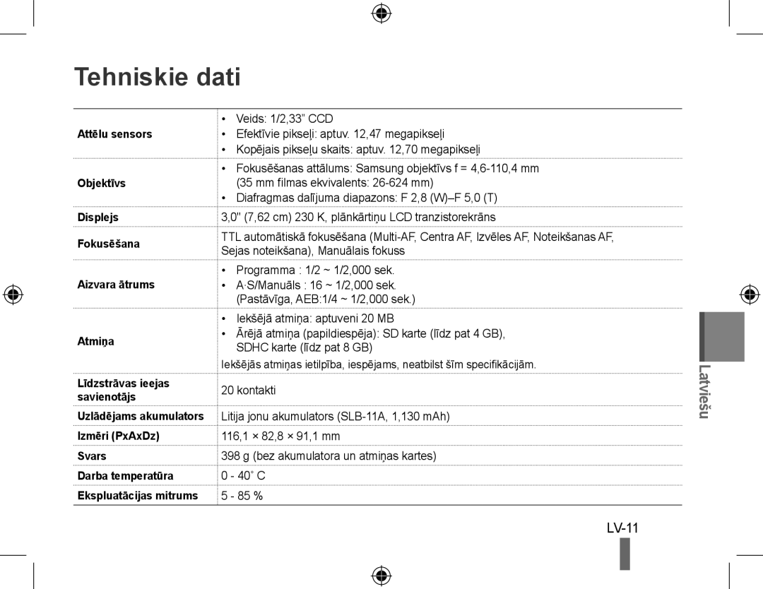 Samsung EC-WB5000BPBE2, EC-WB5000BABFR, EC-WB5000BPBFR, EC-WB5000BPBE1, EC-WB5000BPBIT manual Tehniskie dati, LV-11, Svars 