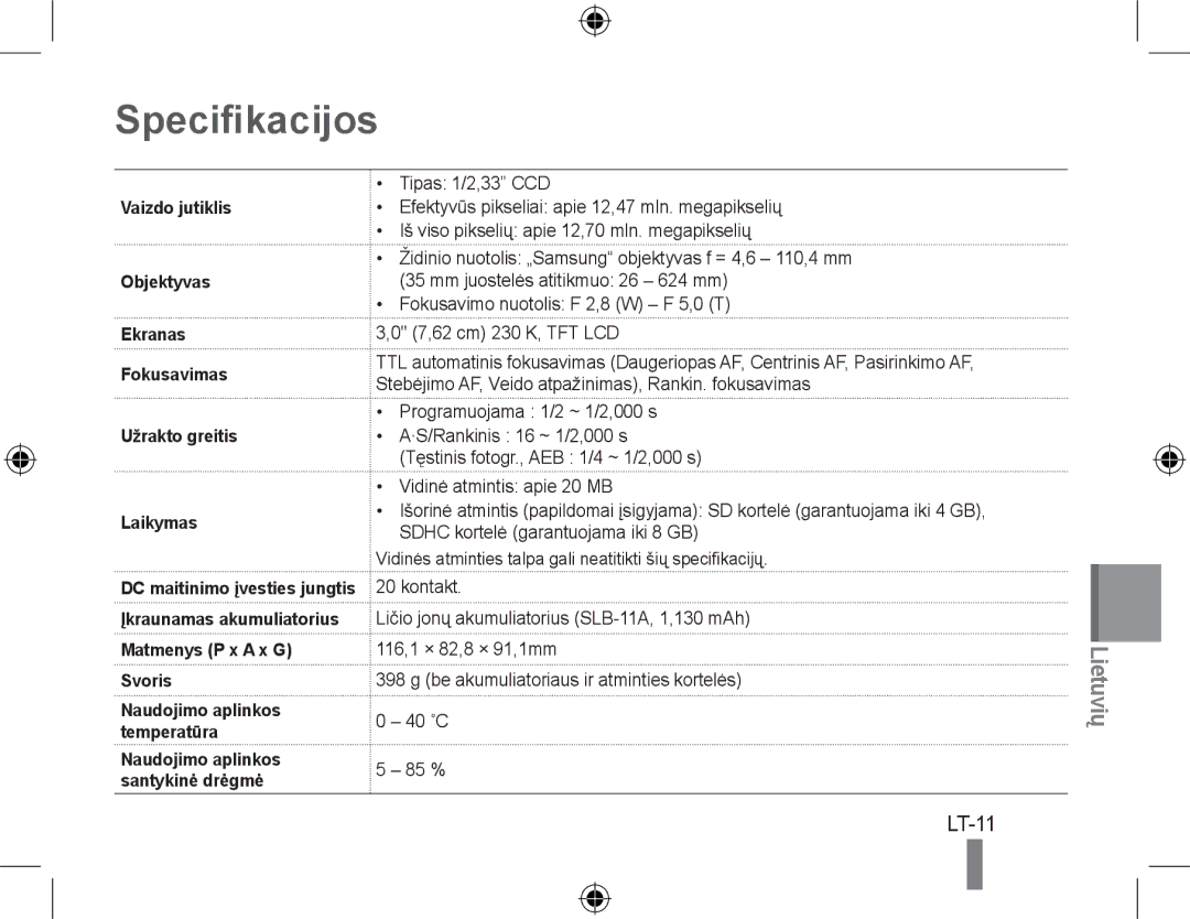 Samsung EC-WB5000BPBFR, EC-WB5000BABFR, EC-WB5000BPBE1, EC-WB5000BPBIT manual Specifikacijos, LT-11, Matmenys P x a x G Svoris 