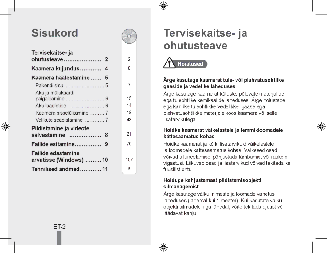 Samsung EC-WB5000BPBE1, EC-WB5000BABFR, EC-WB5000BPBFR Sisukord, Tervisekaitse- ja ohutusteave, Et-, Tehnilised andmed………… 