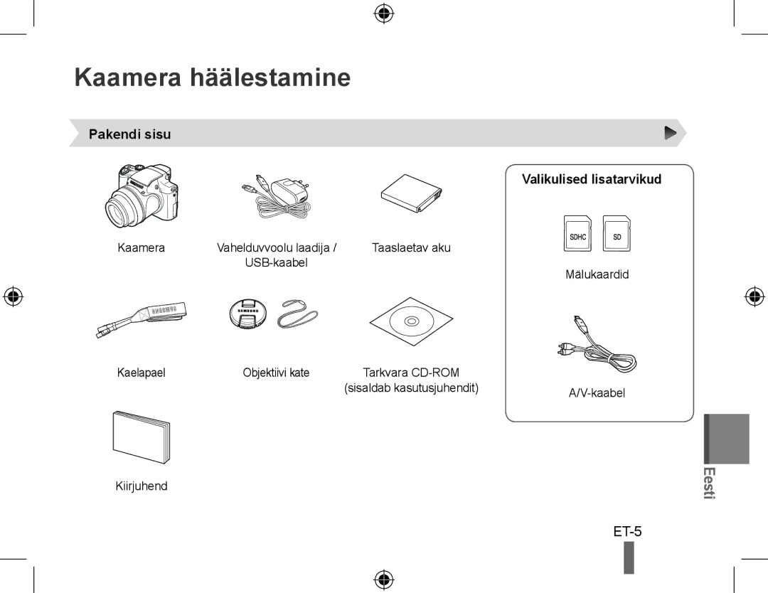 Samsung EC-WB5000BPBE2, EC-WB5000BABFR, EC-WB5000BPBFR manual Kaamera häälestamine, Pakendi sisu Valikulised lisatarvikud 