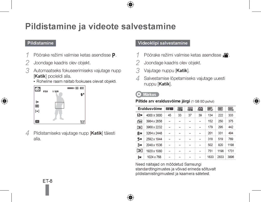 Samsung EC-WB5000BPBFR, EC-WB5000BABFR, EC-WB5000BPBE1 manual Pildistamine ja videote salvestamine, Videoklipi salvestamine 