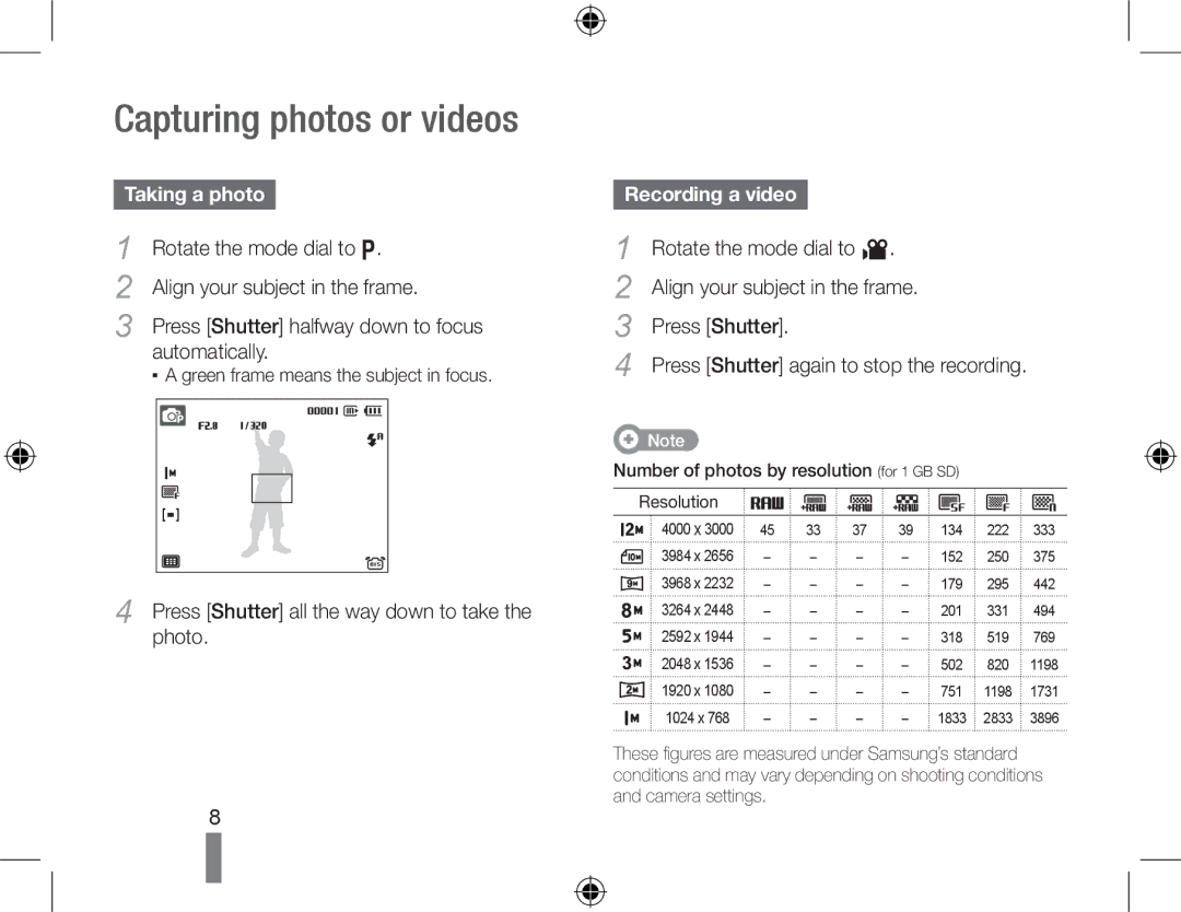 Samsung EC-WB5000BPBFR, EC-WB5000BABFR, EC-WB5000BPBE1 manual Capturing photos or videos, Taking a photo, Recording a video 