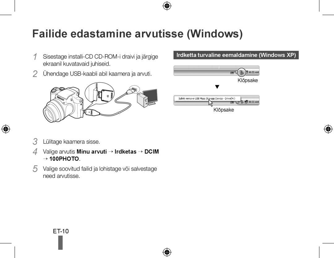 Samsung EC-WB5000BPBIT manual Failide edastamine arvutisse Windows, ET-10, Irdketta turvaline eemaldamine Windows XP 