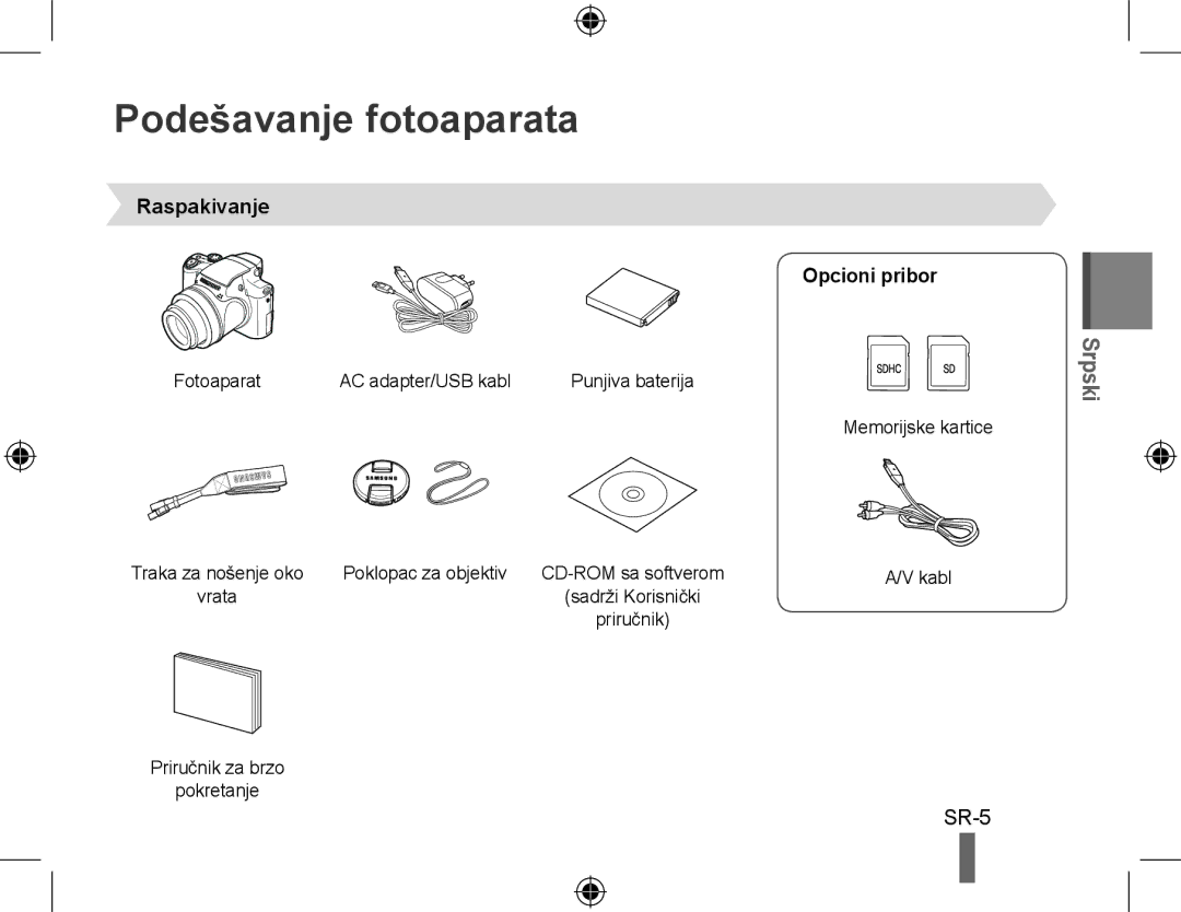 Samsung EC-WB5000BPBIT, EC-WB5000BABFR, EC-WB5000BPBFR, EC-WB5000BPBE1 Podešavanje fotoaparata, Raspakivanje Opcioni pribor 