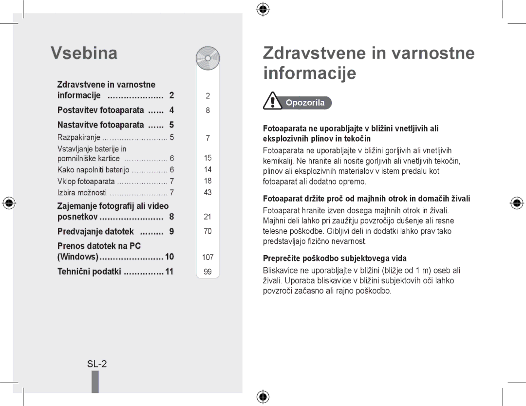 Samsung EC-WB5000BPBIT manual Vsebina, Zdravstvene in varnostne informacije, Sl-, Prenos datotek na PC, Opozorila 