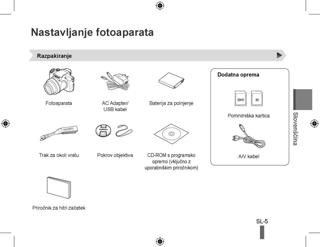 Samsung EC-WB5000BPBRU Nastavljanje fotoaparata, Razpakiranje Dodatna oprema, Fotoaparata, Priročnik za hitri začetek 