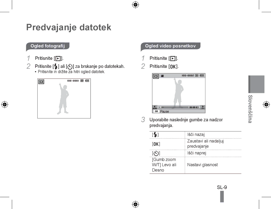 Samsung EC-WB5000BPBIT manual Predvajanje datotek, Pritisnite P, Ogled video posnetkov, Uporabite naslednje gumbe za nadzor 