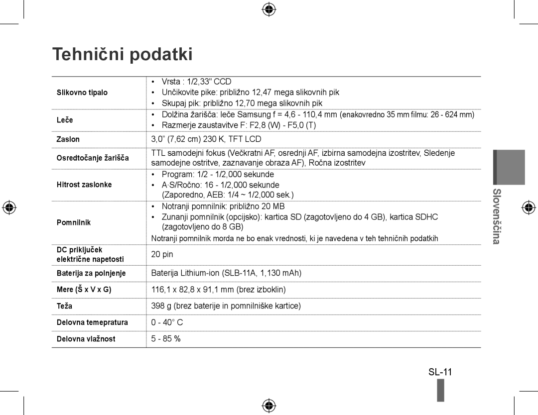 Samsung EC-WB5000BPBE2, EC-WB5000BABFR, EC-WB5000BPBFR, EC-WB5000BPBE1, EC-WB5000BPBIT, EC-WB5000BPBVN Tehnični podatki, SL-11 