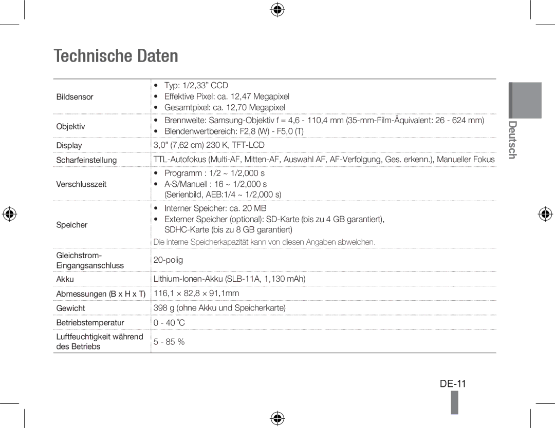 Samsung EC-WB5000BABFR manual Technische Daten, DE-11, Akku, Blendenwertbereich F2,8 W F5,0 T 7,62 cm 230 K, TFT-LCD 