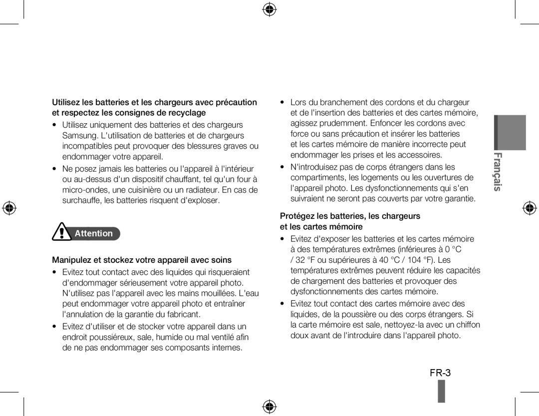 Samsung EC-WB5000BPBE1, EC-WB5000BABFR, EC-WB5000BPBFR manual Français, Manipulez et stockez votre appareil avec soins 