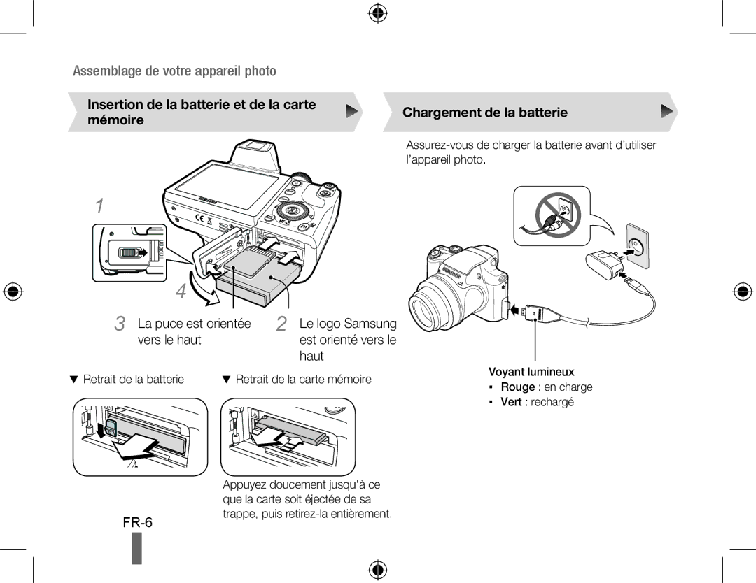 Samsung EC-WB5000BPBE2, EC-WB5000BABFR La puce est orientée Vers le haut, Voyant lumineux Rouge en charge Vert rechargé 