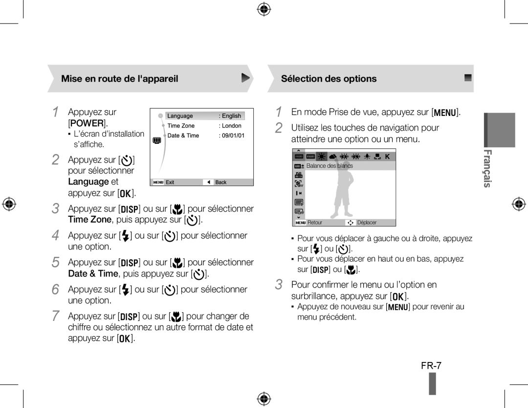 Samsung EC-WB5000BPBRU, EC-WB5000BABFR, EC-WB5000BPBFR manual FR-7, Mise en route de lappareil, Sélection des options 