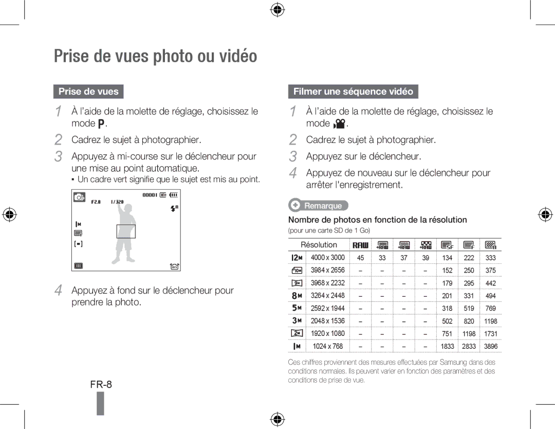 Samsung EC-WB5000BABFR, EC-WB5000BPBFR, EC-WB5000BPBE1 manual Prise de vues photo ou vidéo, Filmer une séquence vidéo 