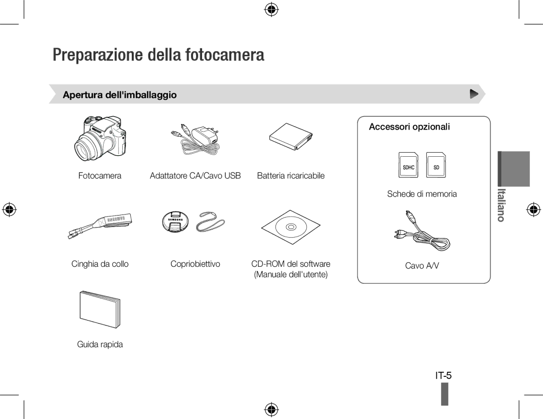 Samsung EC-WB5000BABFR, EC-WB5000BPBFR manual Preparazione della fotocamera, Apertura dellimballaggio, Accessori opzionali 