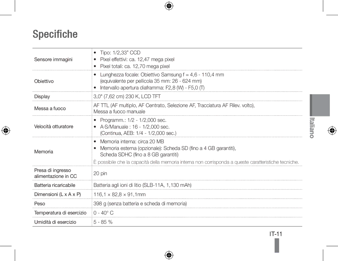 Samsung EC-WB5000BPBRU, EC-WB5000BABFR, EC-WB5000BPBFR Specifiche, IT-11, Batteria ricaricabile Dimensioni L x a x P Peso 