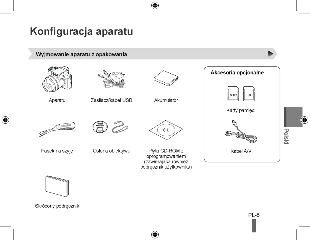 Samsung EC-WB5000BPBIT, EC-WB5000BABFR Konfiguracja aparatu, Polski, Wyjmowanie aparatu z opakowania Akcesoria opcjonalne 