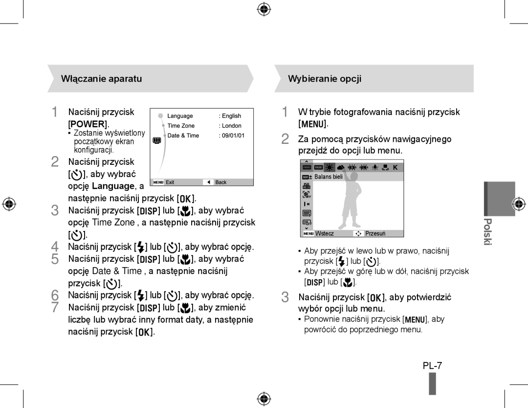 Samsung EC-WB5000BPBE2, EC-WB5000BABFR, EC-WB5000BPBFR, EC-WB5000BPBE1 manual PL-7, Włączanie aparatu, Wybieranie opcji 