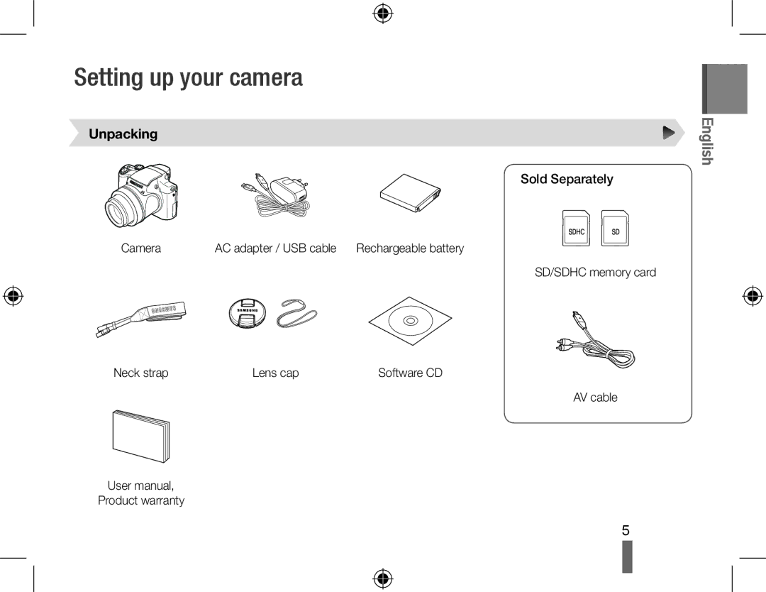 Samsung EC-WB5000BPBE2, EC-WB5000BABFR, EC-WB5000BPBFR, EC-WB5000BPBE1 Setting up your camera, Unpacking, Sold Separately 