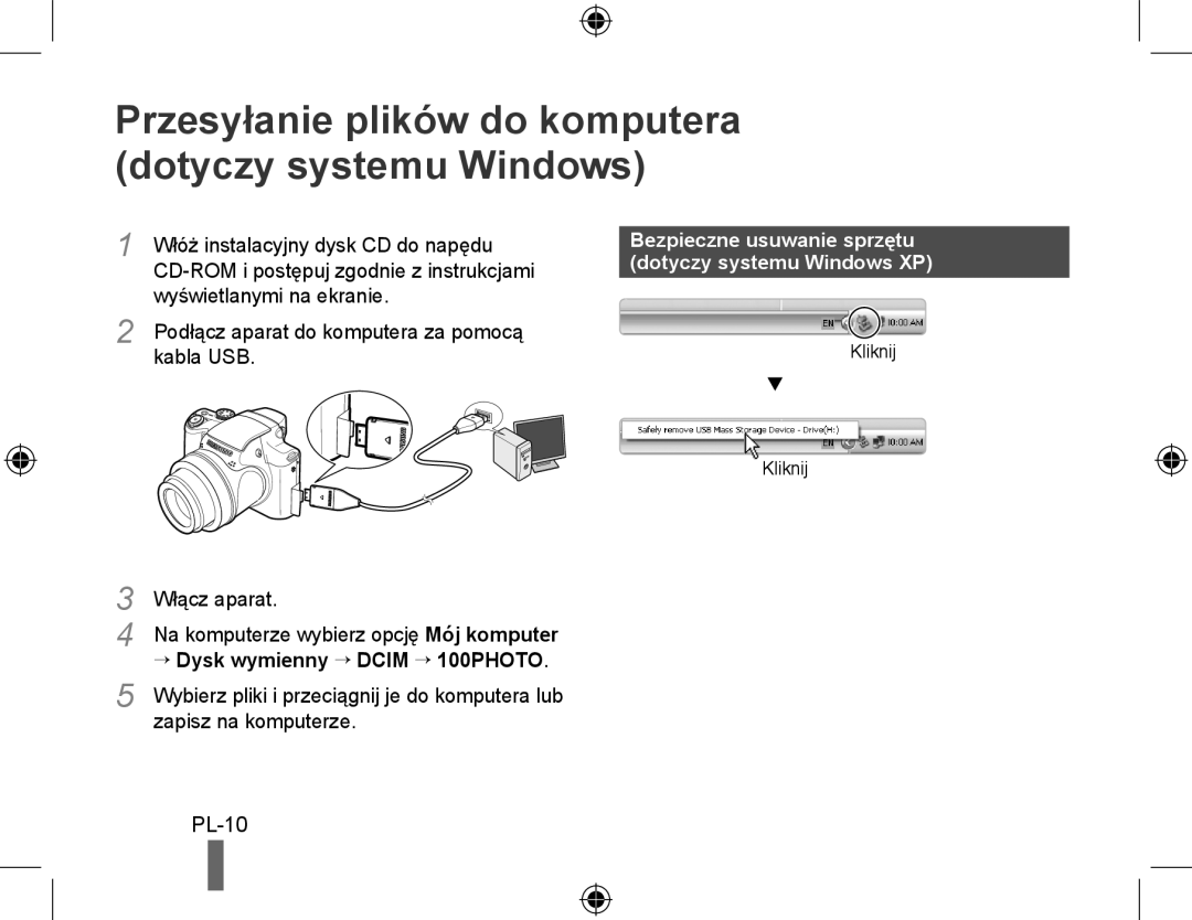 Samsung EC-WB5000BPBFR Przesyłanie plików do komputera dotyczy systemu Windows, PL-10, → Dysk wymienny → Dcim → 100PHOTO 