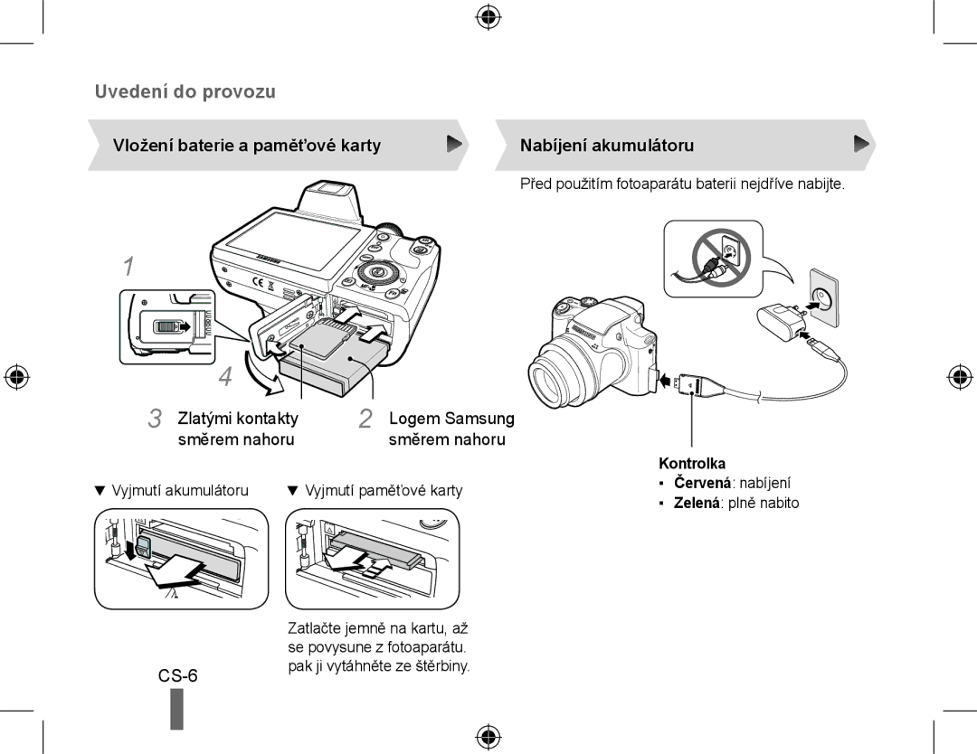 Samsung EC-WB5000BABFR manual Uvedení do provozu, Vložení baterie a paměťové karty Nabíjení akumulátoru, Kontrolka 