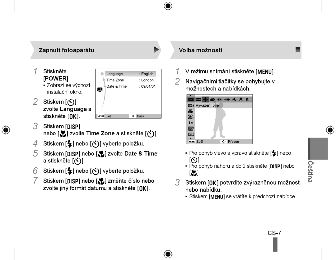 Samsung EC-WB5000BPBFR, EC-WB5000BABFR, EC-WB5000BPBE1 manual CS-7, Zapnutí fotoaparátu, Zvolte Language a, Volba možností 
