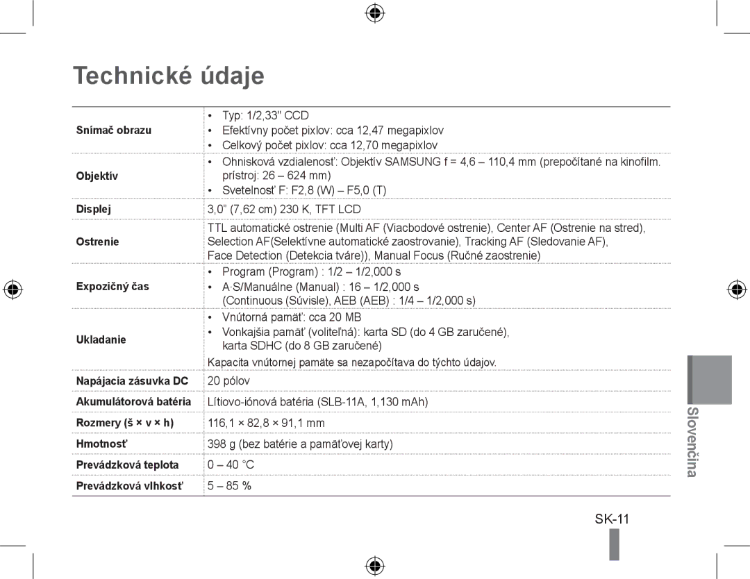 Samsung EC-WB5000BPBFR, EC-WB5000BABFR, EC-WB5000BPBE1, EC-WB5000BPBIT, EC-WB5000BPBVN, EC-WB5000BPBE2 Technické údaje, SK-11 