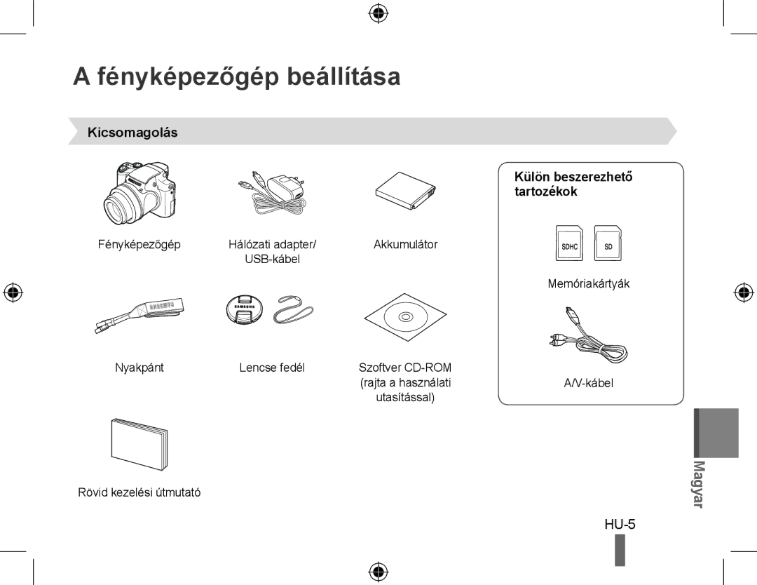 Samsung EC-WB5000BPBE2, EC-WB5000BABFR manual Fényképezőgép beállítása, Kicsomagolás, Külön beszerezhető tartozékok 