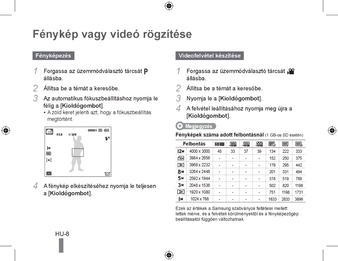 Samsung EC-WB5000BPBFR, EC-WB5000BABFR, EC-WB5000BPBE1 manual Fénykép vagy videó rögzítése, Fényképezés, Félig a Kioldógombot 