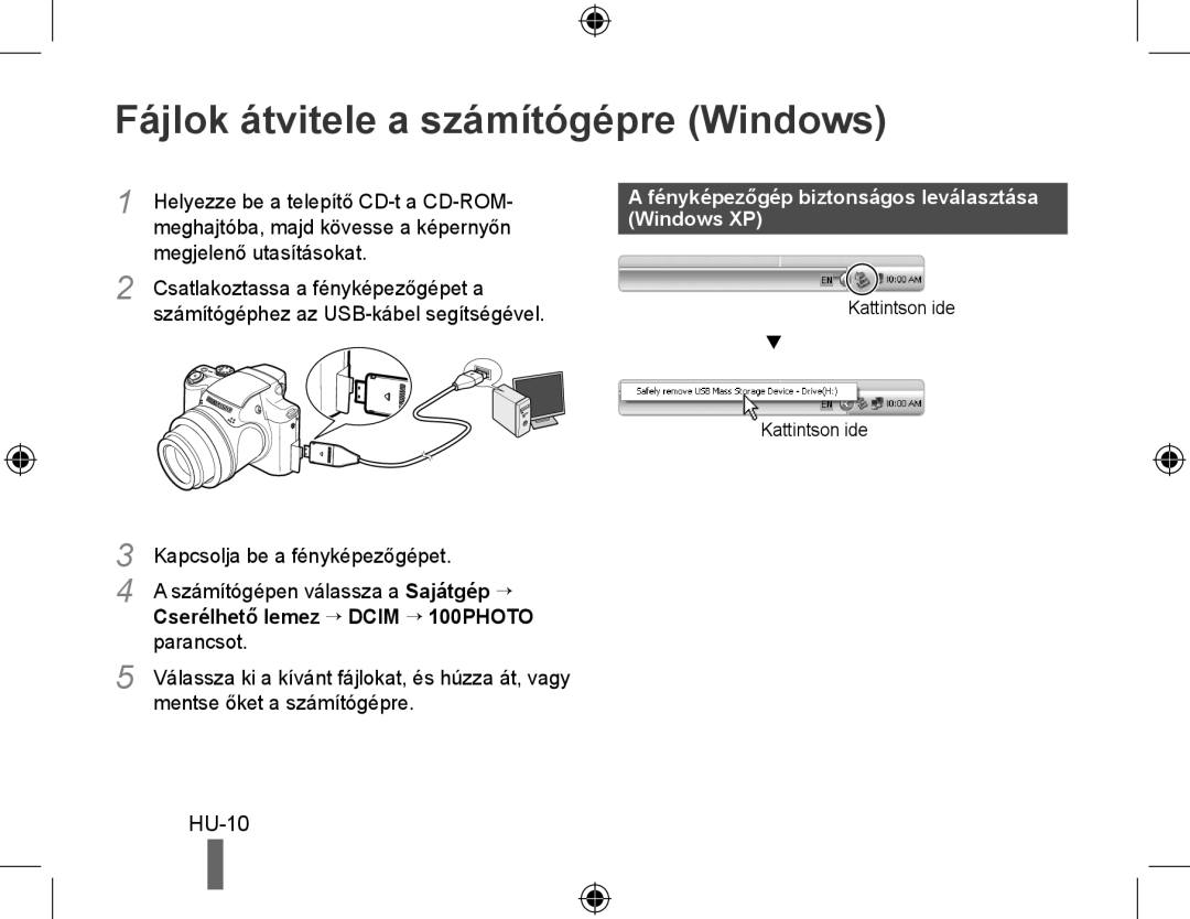 Samsung EC-WB5000BPBIT Fájlok átvitele a számítógépre Windows, HU-10, Fényképezőgép biztonságos leválasztása Windows XP 