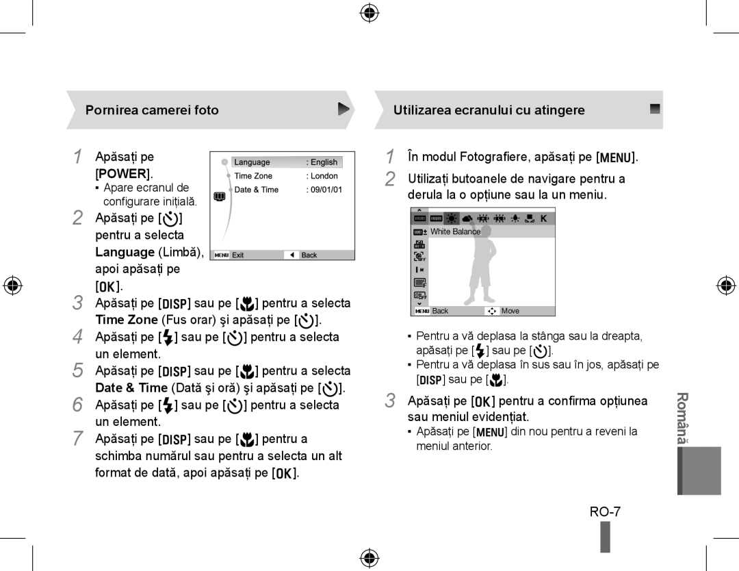 Samsung EC-WB5000BPBIT, EC-WB5000BABFR manual RO-7, Pornirea camerei foto, Language Limbă, Utilizarea ecranului cu atingere 