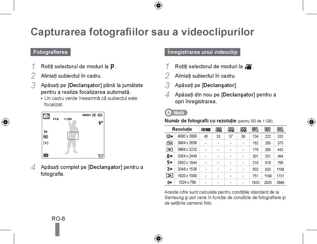 Samsung EC-WB5000BPBVN manual Capturarea fotografiilor sau a videoclipurilor, Fotografierea, Înregistrarea unui videoclip 