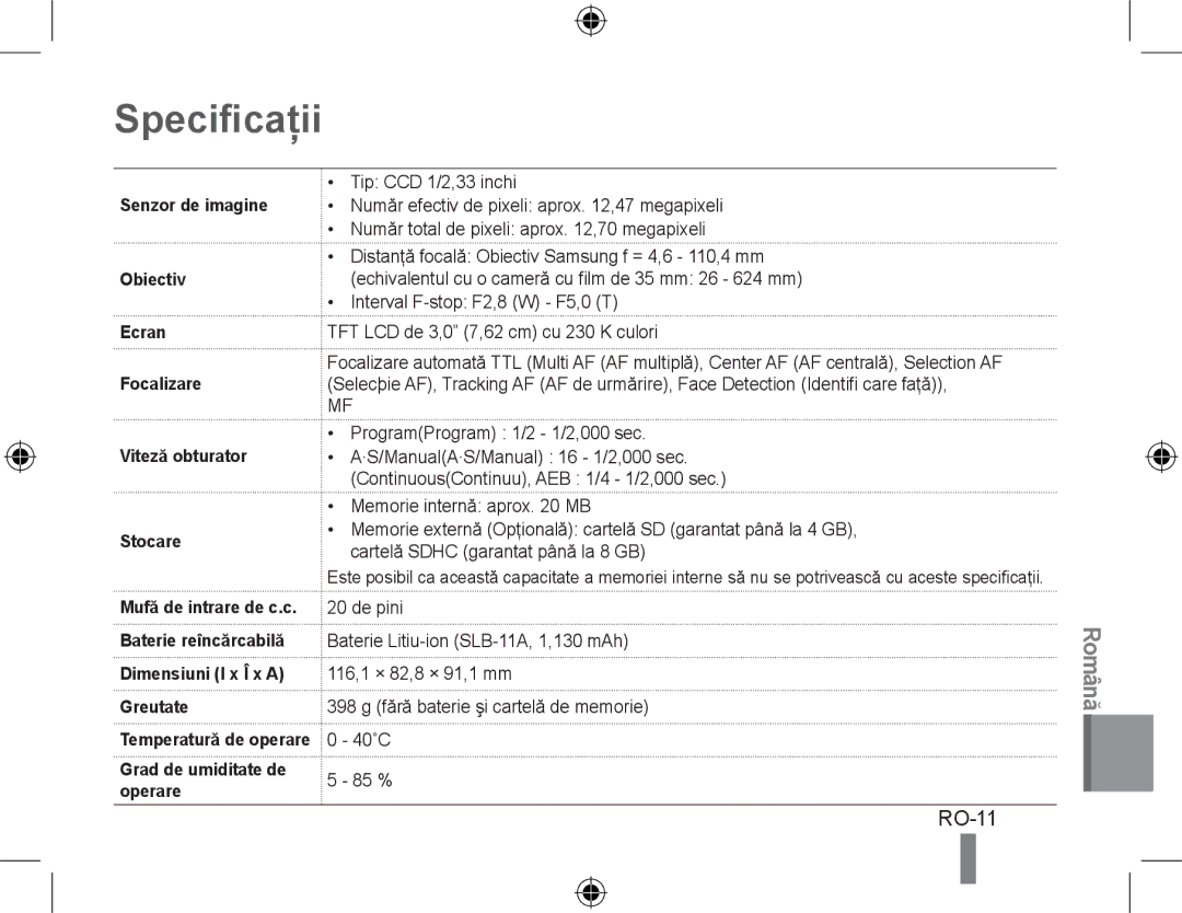 Samsung EC-WB5000BABFR, EC-WB5000BPBFR, EC-WB5000BPBE1, EC-WB5000BPBIT, EC-WB5000BPBVN, EC-WB5000BPBE2 Specificaţii, RO-11 