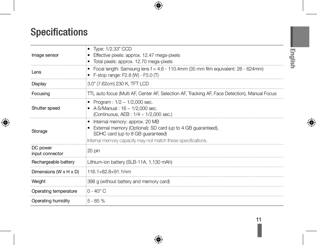 Samsung EC-WB5000BPBVN, EC-WB5000BABFR, EC-WB5000BPBFR, EC-WB5000BPBE1, EC-WB5000BPBIT, EC-WB5000BPBE2 manual Specifications 