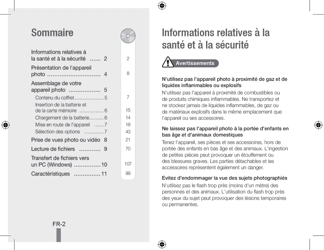 Samsung EC-WB5000BPBE2, EC-WB5000BABFR manual Sommaire, Informations relatives à la santé et à la sécurité, Avertissements 