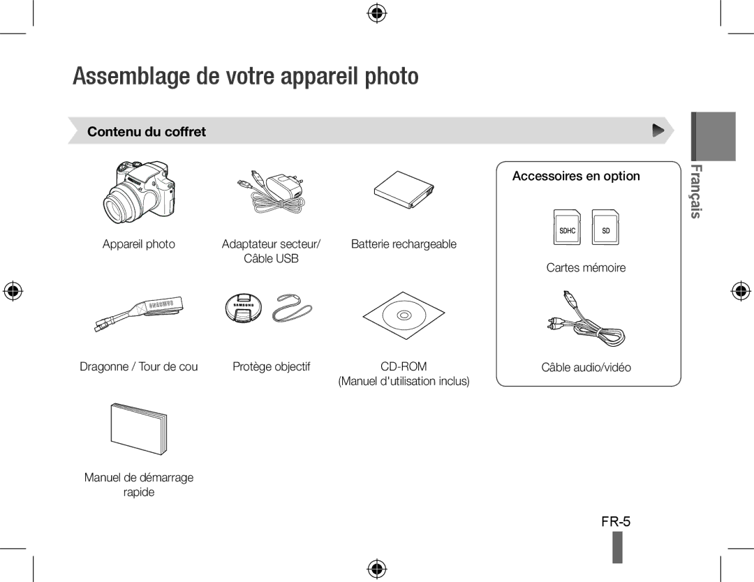 Samsung EC-WB5000BPBFR, EC-WB5000BABFR manual Assemblage de votre appareil photo, Contenu du coffret, Accessoires en option 