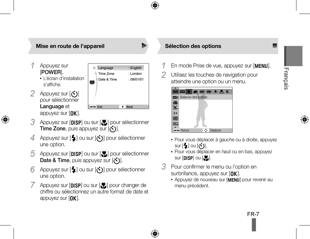 Samsung EC-WB5000BPBIT, EC-WB5000BABFR, EC-WB5000BPBFR manual FR-7, Mise en route de lappareil, Sélection des options 