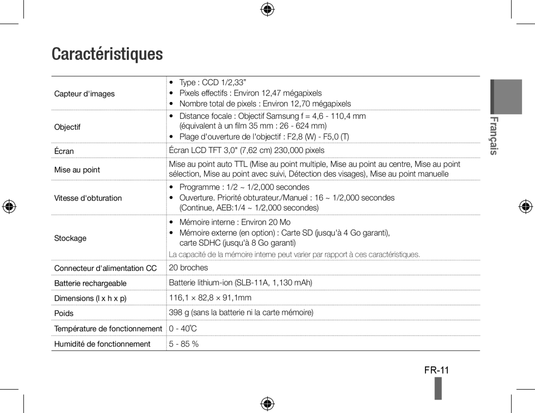 Samsung EC-WB5000BABFR, EC-WB5000BPBFR, EC-WB5000BPBE1, EC-WB5000BPBIT, EC-WB5000BPBVN, EC-WB5000BPBE2 Caractéristiques, FR-11 